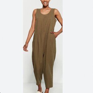 Eileen Fisher Organic Cotton Linen Olive Slouchy Cropped Sleeveless Jumpsuit M